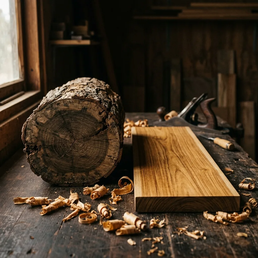 Een schijf teak en een geschaafde teakhouten plank, met krullen op de werkbank