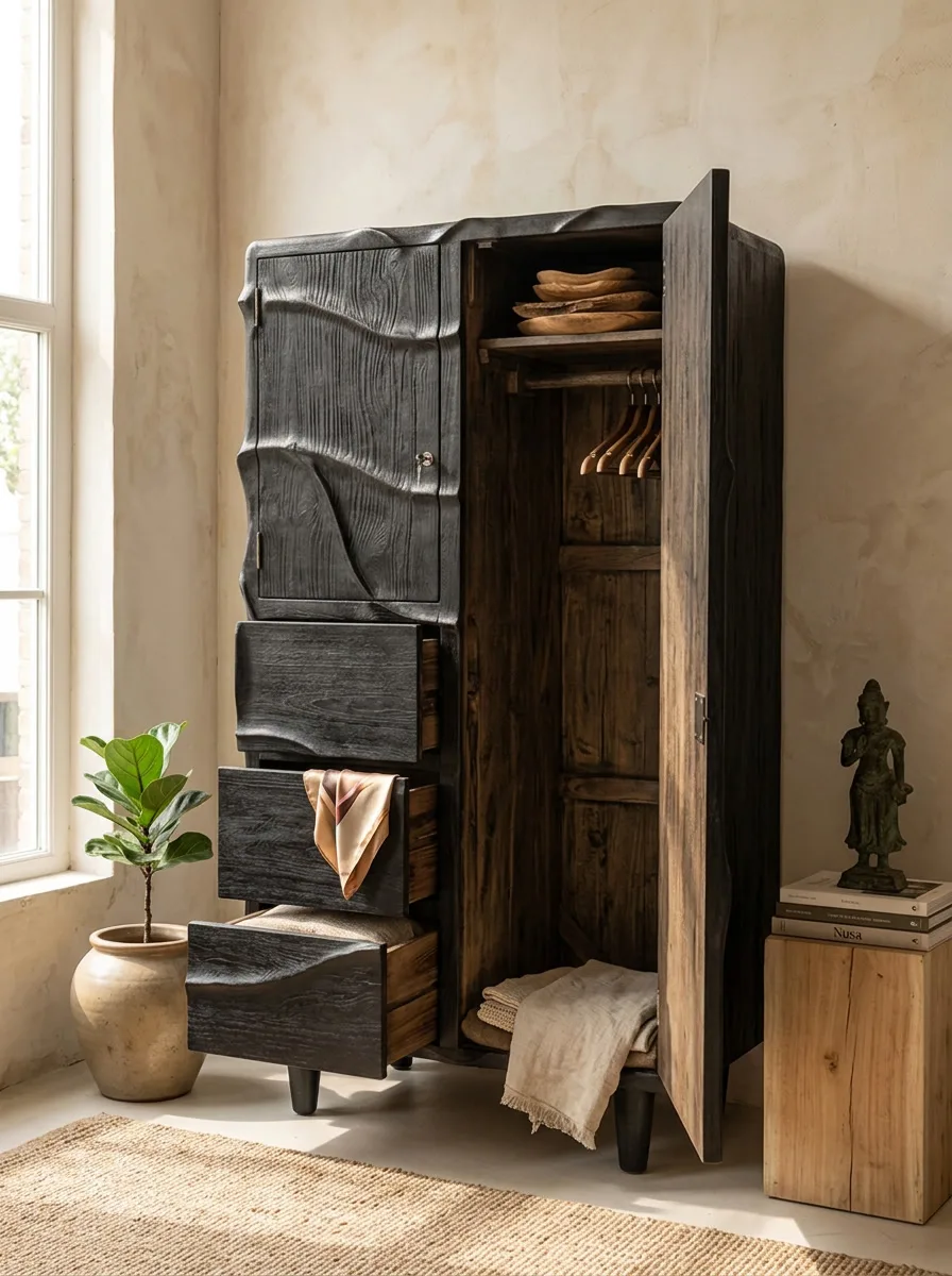 Wandmeubel BB001 van zwart teak, met open deuren in een ingerichte kamer