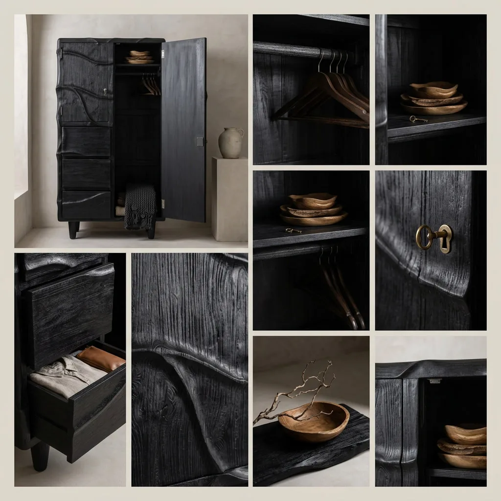 Wandmeubel BB001 in detail: de deuren, de laden, de hangers en het reliëf van het hout