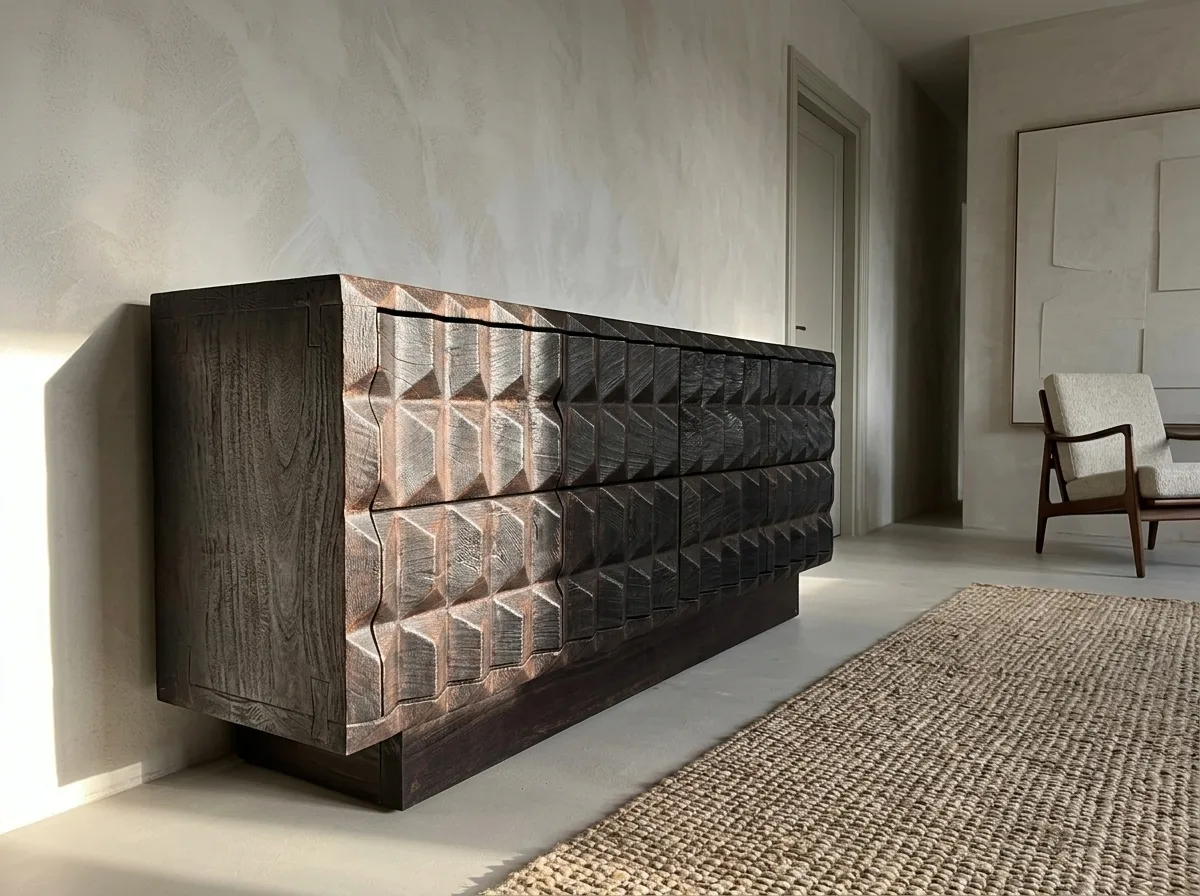Wandmeubel BB002 van opzij, het handgesneden reliëf in het licht