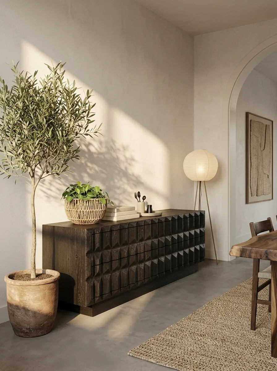 Wandmeubel BB002 van zwart mango met handgesneden reliëf, in een ingerichte kamer