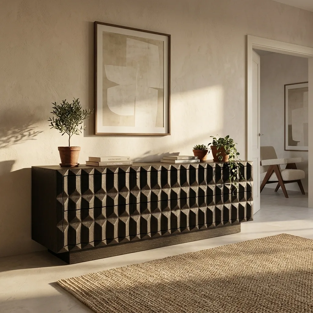 Wandmeubel BB002 in een lichte woonkamer, met kunst aan de muur en planten